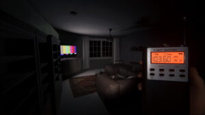 Player using a spirit box to detect ghost activity in Phasmophobia inside a dark living room