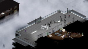 A group of survivors defends a rooftop base from zombies in Project Zomboid
