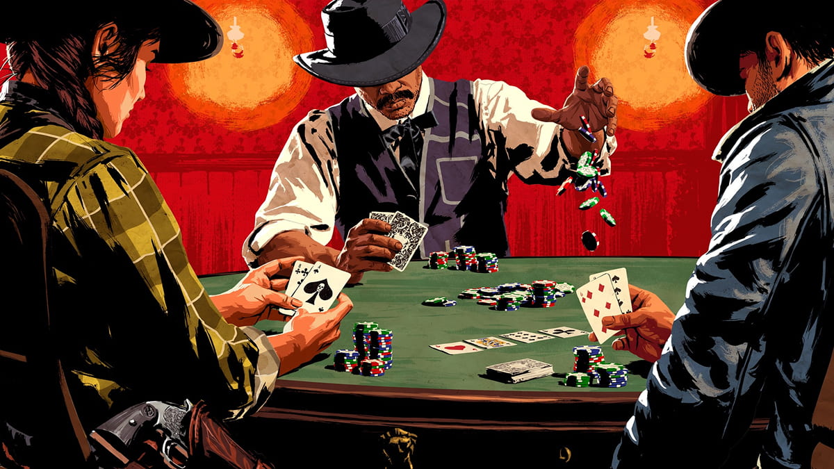 Stylized artwork of three players in a saloon playing Poker in Red Dead Online, with chips and cards spread across the table