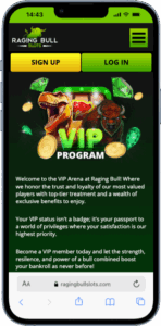 VIP program sign up page for Raging Bullet slots featuring dinosaurs, green jewels and gold coins.