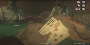 First-person view of a Poker game in Red Dead Redemption, showing a player holding three tens at a saloon table with other gamblers