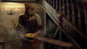 Masked enemy wielding a chainsaw in a dark house from Resident Evil 4 Remake