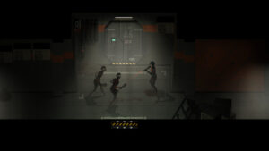 Player confronting humanoid enemies in SIGNALIS inside a dimly lit futuristic hallway