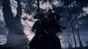 Two samurai stand back-to-back with drawn katanas in a forest battle scene from Ghost of Yotei