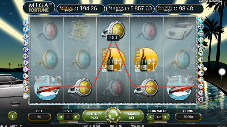 Scatters and Wild in Mega Fortune by NetEnt