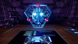 SHODAN’s glowing blue AI face projected on a digital screen in System Shock Remake.