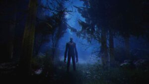 Slender Man standing faceless among dark trees at night, stalking the player in The Slender Man series.