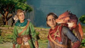 Mio and Zoe stand with small dragons on their shoulders in Split Fiction