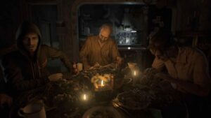 Jack, Marguerite, and Lucas Baker from Resident Evil 7 sitting around a grotesque dinner table in their decaying home.