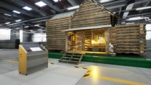 The Cabin Factory game scene. A rustic log cabin sits in a modern industrial setting, illuminated warmly from inside