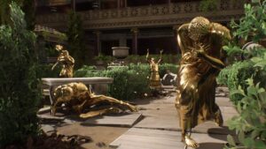 Golden statues of people in dramatic poses, surrounded by lush greenery and ornate architecture in The Forgotten City