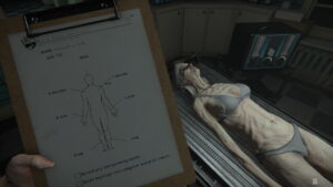Player examining a corpse on a mortuary table while holding a clipboard detailing the body’s marks in The Mortuary Assistant