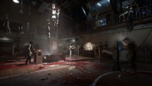 Disturbing laboratory with hanging mannequins and blood-covered floors where subjects undergo experiments in The Outlast Trials
