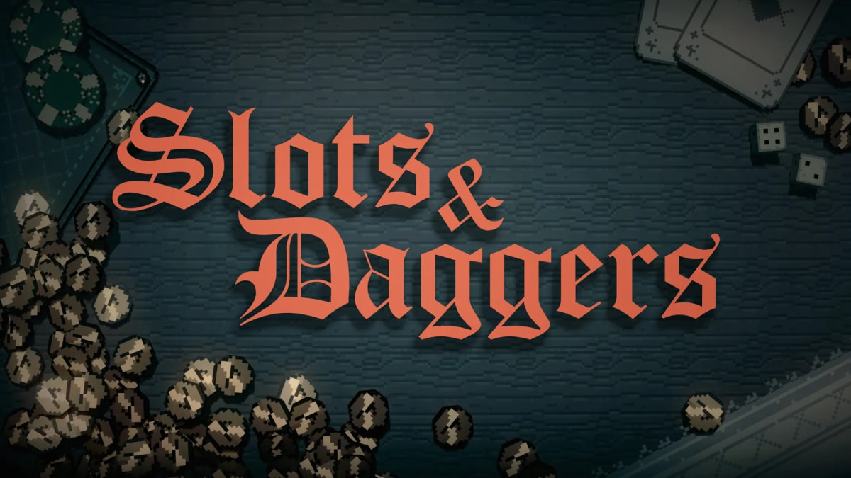Retro-themed 'Slots & Daggers' game screen displaying vintage-style font