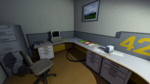 The Stanley Parable: Ultra Deluxe game scene with sparsely decorated office shows a beige desk with a vintage computer, a rotary phone, papers, and folders