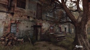 Weathered brick building with boarded windows, overgrown foliage, and stacked logs in The Vanishing of Ethan Carter game