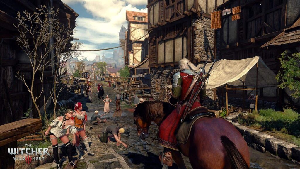 Geralt rides through a medieval town in The Witcher 3: Wild Hunt