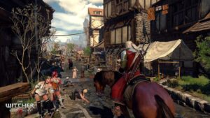 Geralt rides through a medieval town in The Witcher 3: Wild Hunt