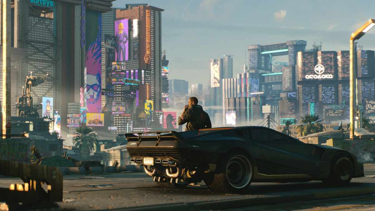 V sits on his black Quadra Turbo-R car overlooking Night City’s neon skyline filled with skyscrapers and holographic billboards in Cyberpunk 2077.