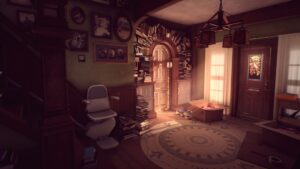 What Remains of Edith Finch game scene. Cozy room with warm lighting, shelves filled with books arching over a wooden door