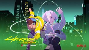 Animated poster of Cyberpunk: Edgerunners showing David Martinez and Lucy striking action poses against a futuristic city skyline, promoting the Netflix anime series.