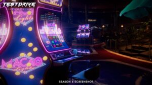 A neon-lit casino environment featuring a colorful slot machine labeled 'Macao Lights' in TDU Solar Crown