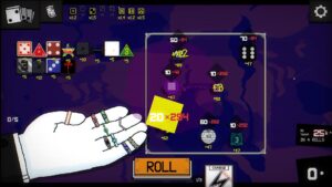 Dice A Million interface featuring a purple background with a hand displaying rings, various dice, and symbols