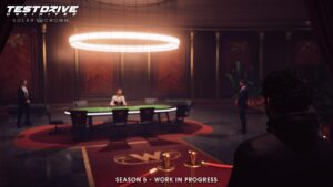 A luxurious casino setting featuring a poker table under a large circular light in Test Drive Unlimited Solar Crown