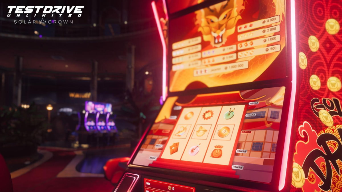A dynamic casino scene featuring a brightly lit slot machine with a dragon theme in the foreground in Test Drive Unlimited Solar Crown