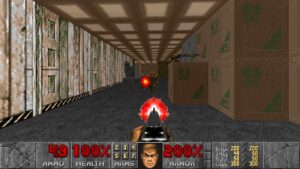 Classic DOOM screenshot with pixel graphics, the player firing at a demon in a crate-filled UAC storage level – a reason why boomer shooters are so popular.