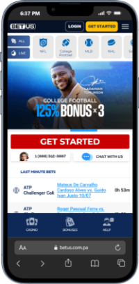 Mobile screenshot showing the homepage of BetUS, our top fast withdrawal sportsbooks.