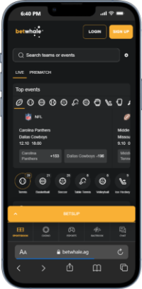 Mobile screenshot of BetWhale, one of the fastest withdrawal sportsbooks in the USA