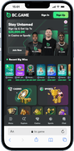 Homepage of BC.GAME online casino featuring a range of promotions and games available across casino and sports betting.