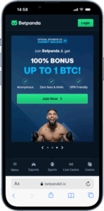BetPanda Casino welcome page promoting a bitcoin promotion with an image of a boxer.