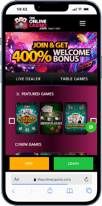 Promo page of The Online Casino featuring a join and get welcome bonus and featured games.