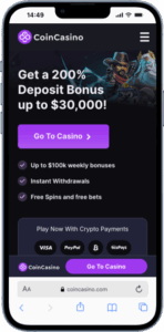 Landing page of CoinCasino featuring a welcome bonus - one of the top Ethereum casinos available.