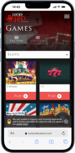 Slot library of Lucky red Casino featuring 5 Wishes, 777 and a drop down to other casino games