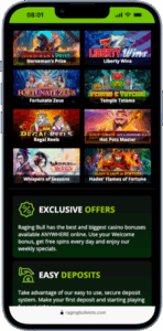 Game screen of Raging Bull Slots casino showing a range of slot games available to play and exclusive offers.