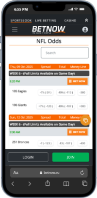 Mobile screenshot of BetNow NFL betting site showing latest odds