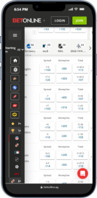 Mobile screenshot of the BetOnline NFL sports betting site.