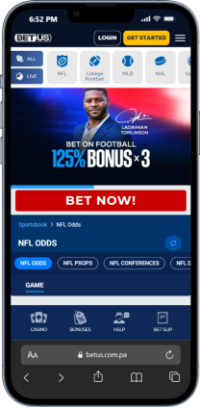 Mobile screenshot of the BetUS NFL betting site homepage