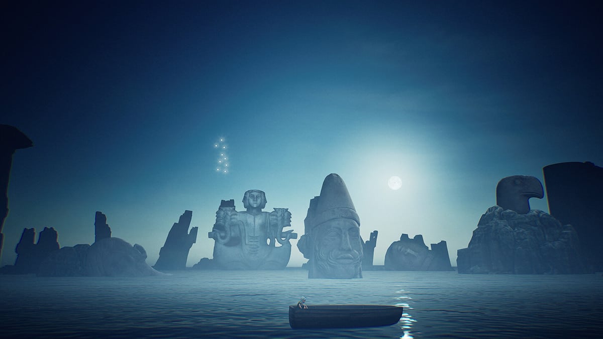 A small boat drifts past colossal statues under the moonlight in Ayasa: Shadows of Silence