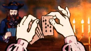 Hand-drawn scene from Card Shark showing a player holding cards at a candlelit table, set in 18th-century France.