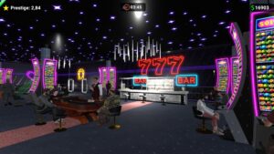 A vibrant casino scene in CasinoLife shows slot machines, a bar, and players at tables
