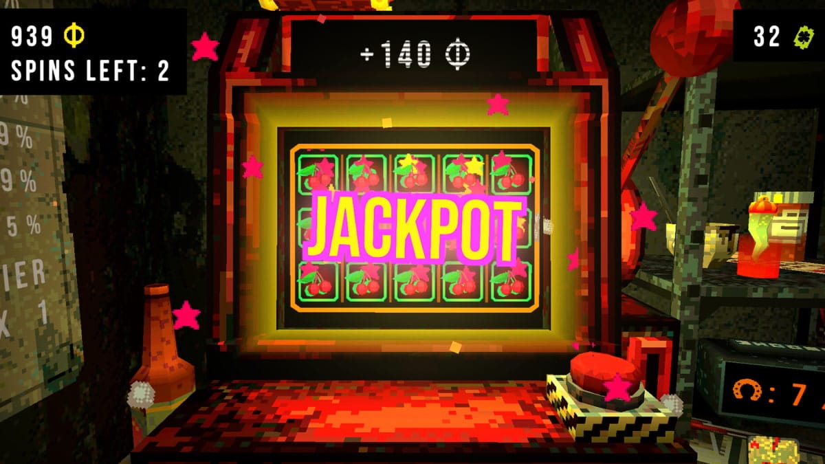 CloverPit game screenshot. A pixelated slot machine screen displays a yellow