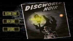 Title screen of Discworld Noir with detective silhouette