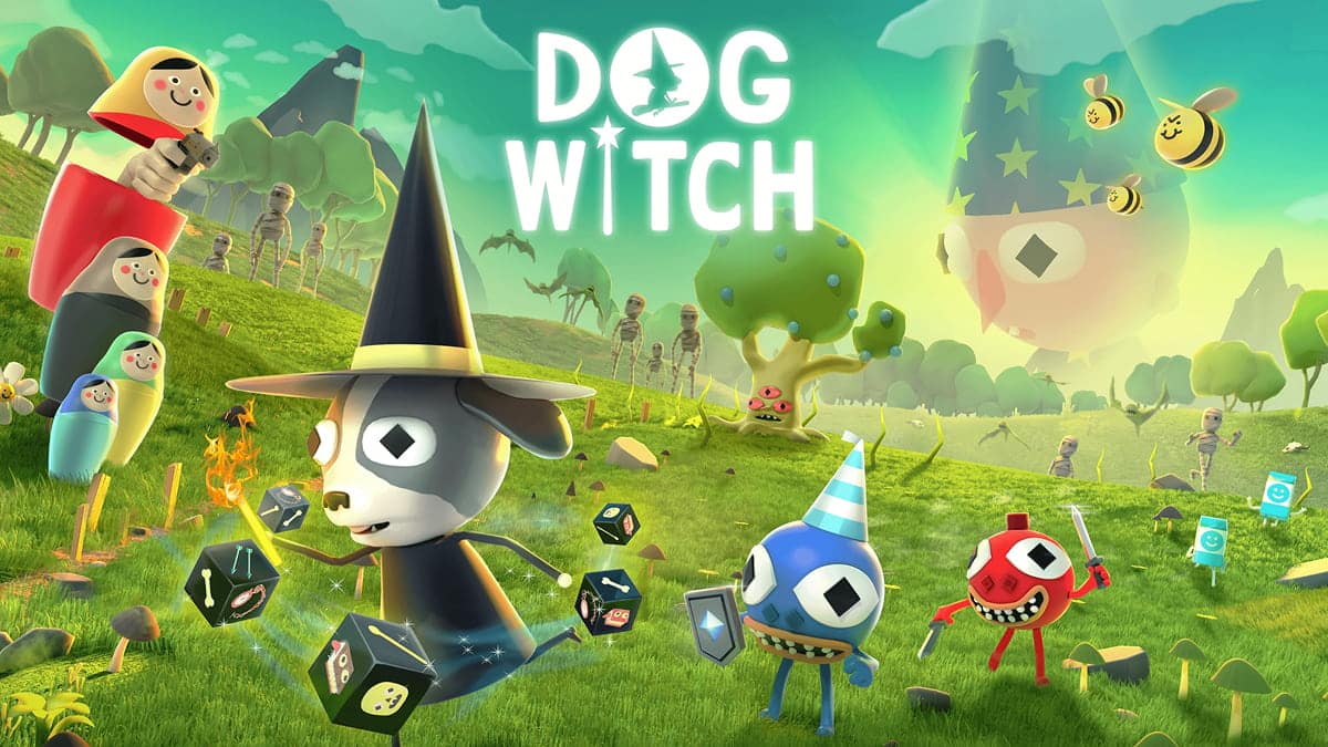 Promotional artwork for Dog Witch showing the dog witch character casting dice-powered spells against whimsical enemies in a bright fantasy world