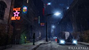 Rainy city street scene in Dreamfall: The Longest Journey