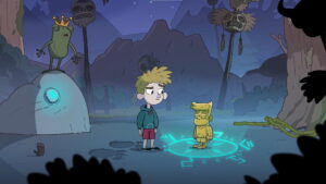 Toto with the golden statue during a frog ritual in Lost in Play