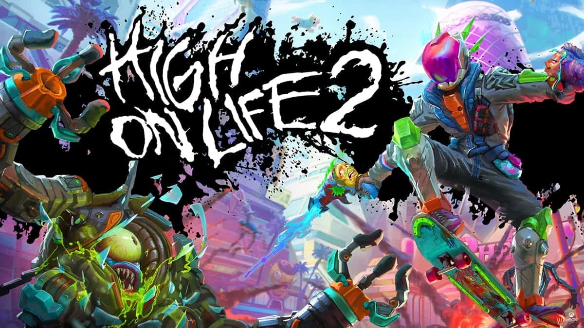 The High on Life 2 key art shows the protagonist fighting aliens while skateboarding through a vibrant city